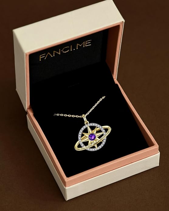 FANCIME Stellar Promise Birthstone Necklace for Women White Gold Plated Sterling Silver Planet Star Pendant Fine Jewelry Anniversary Birthday Mothers Day Gifts for Women Wife Friend Her