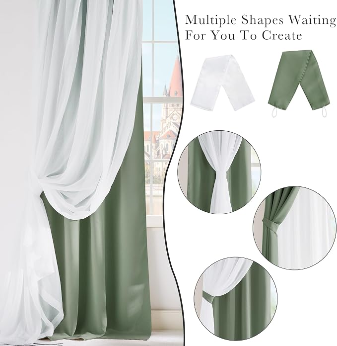PONY DANCE Room Darkening Curtains with Sheer Overlay, Double Layer Drapes for Living Room, Grommet Thermal Insulated Curtains for Bedroom, 2 Panels Each 52 x 84 Inch, Sage Green