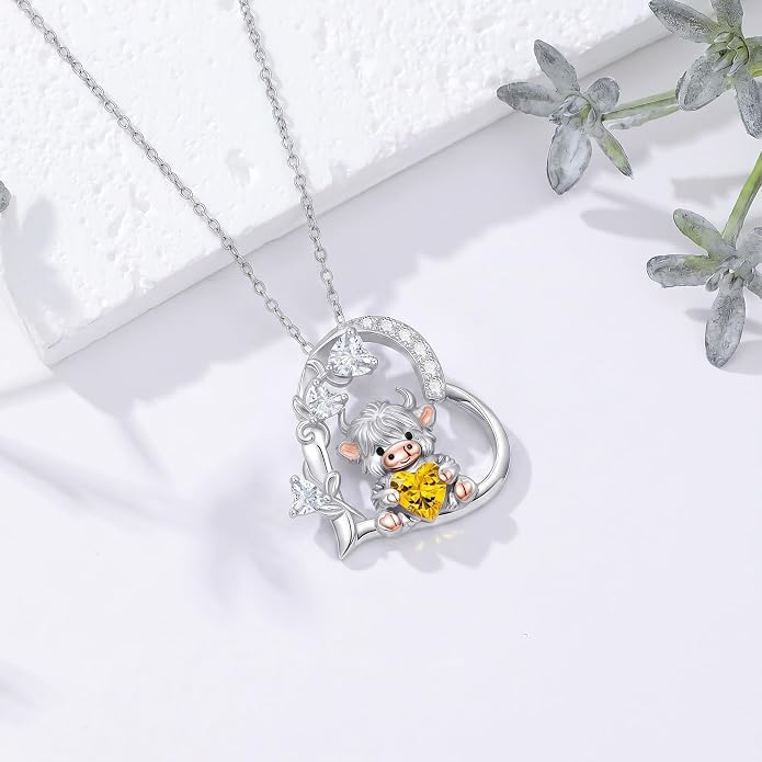 PELOVNY Teddy Bear Necklace for Women 925 Sterling Silver Bear/Highland Cow/Fox/Cat/Axolotl Birthstone Necklace Christmas Birthday Jewelry Gifts for Mom Daughter Wife Sister