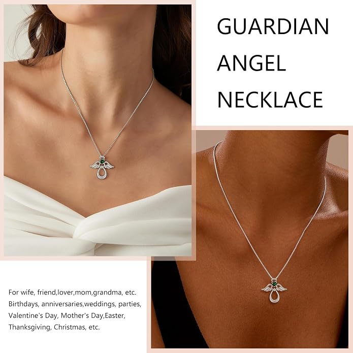 925 Sterling Silver Guardian Angel Pendant Necklace for Women with Birthstone Cubic Zirconia Little Angel Pendant Necklace Jewelry 18 inch Chain