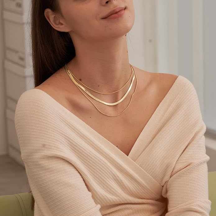CHESKY 14K Gold/Silver Plated Snake Chain Necklace Herringbone Necklace Gold Choker Necklaces for Women Gifts Jewelry 1.5/3/5MM(W) 14"/16"(L) Mothers Day Gifts for Mom