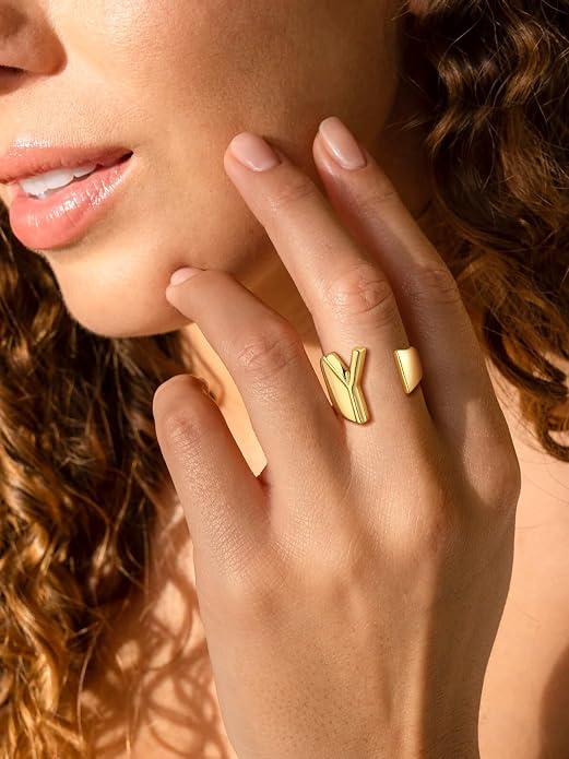 Suplight Nikel Free 18K Gold Plated Letter Rings, Fashion Monogram Jewelry Statement A-Z Wide Name Initial Alphabet Adjustable Open Ring for Women
