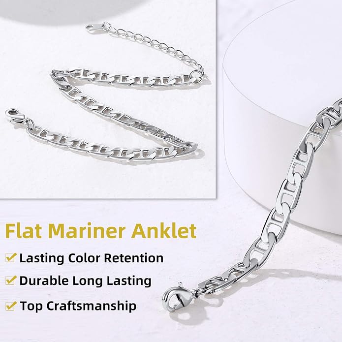 GoldChic Adjustbale Link Chain Anklet for Women Summer Jewelry, 316L Stainless Steel Figaro/Wheat/Twist Rope/Cuban Foot Bracelet-Waterproof, Resizable 9"-12" (Gift Box Included)