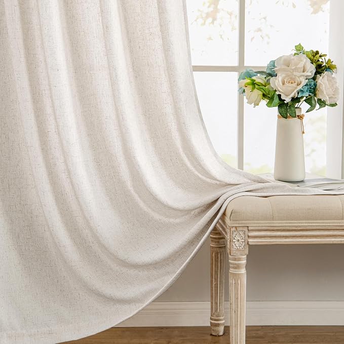 MIULEE Non-See-Through Privacy Linen Curtains 52Wx108L Inch White | 2 Panels, Light Filtering, Semi Sheer Window Curtains, Farmhouse Textured, Back Tab Drapes for Bedroom Living Room