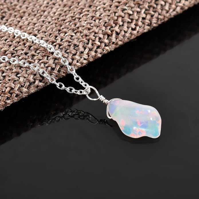 Raw Gemstone Dainty Pendant Necklace for Women, Natural Birthstone Handmade Jewelry, Healing Chakra Crystal, Silver Plated Chain 18" Birthday Gift for Her