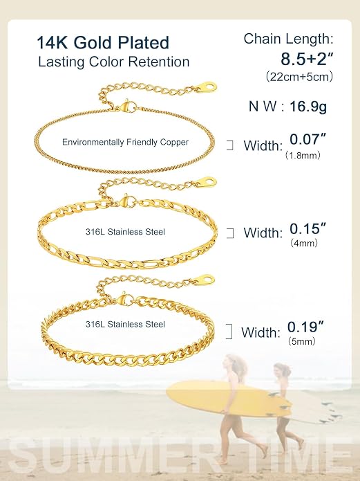 ChainsPro Stainless Steel Waterproof Anklet for Women, Adjustable Non Tarnish Layered Anklets, Trendy Dainty Cuban Link Ankle Bracelet Beach Jewelry Gifts for Swimming & Daily Wear (8.5+2 inches)