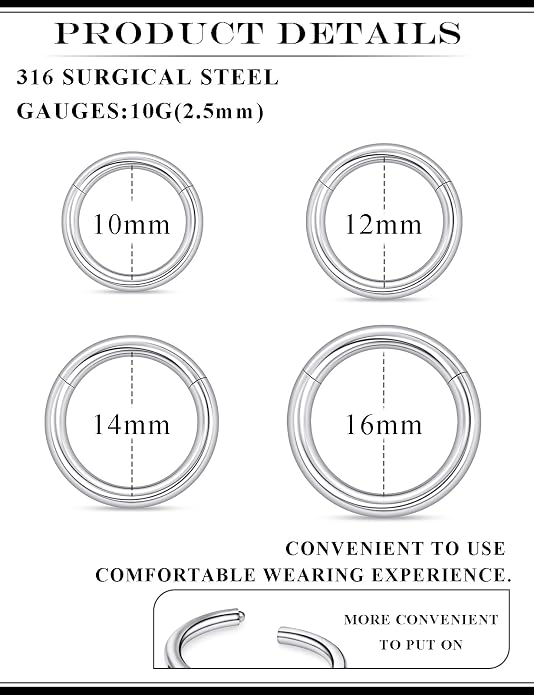 20G 18G 16G 14G 12G 10G 8G 6G Nose Rings Hoops 316l Surgical Steel Clicker Septum Lip Ring Tragus Helix Daith Rook Conch Snug Cartilage Lobe Earrings Hoop Piercing Jewelry For Women Men