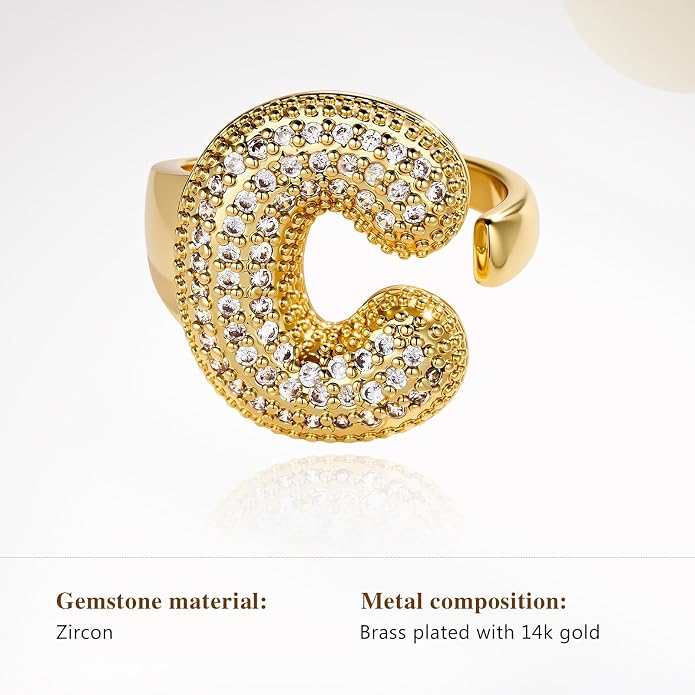 Cicy Bell Initial Rings for Women 14k Gold Plated Cubic Zirconia Delicate Letter Chunky Statement Open Rings Gifts for Her