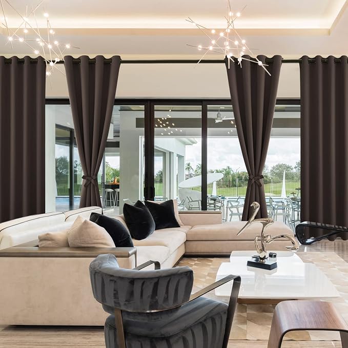 Hiasan Blackout Curtains for Bedroom and Living Room, Thermal Insulated, Noise Reducing Window Curtain Panels, Tiebacks Included, Set of 2, Grommet Top (Brown, Width 38 Inch x Length 72 Inch)