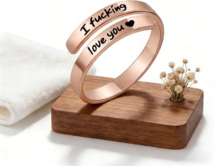 I Fcking Love You Ring, Stainless Steel Engraved Inspirational Words Heart Open Adults Women Vintage Promise Rings Lover Wife Jewelry