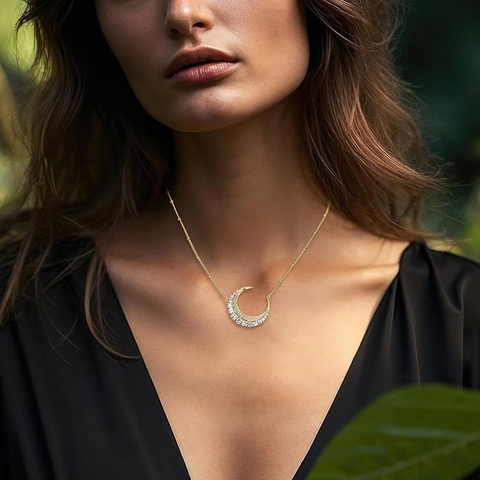 Miss mimi CZ Pendant Necklace, Golden Yellow Princess Cut or Crescent Moon, 18K Gold Plated, Adjustable 16” or 18 + 2”in Chain, Celestial & November Birthstone Citrine Style