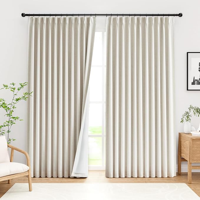 IVAPUPU Natural Pinch Pleated Full Blackout Curtains Linen Blend Room Darkening Window Curtains 84 inch 1 Panel for Living Room Bedroom Thermal Insulated Curtain Drapes with 12 Pcs Hooks 70''Wx84''L
