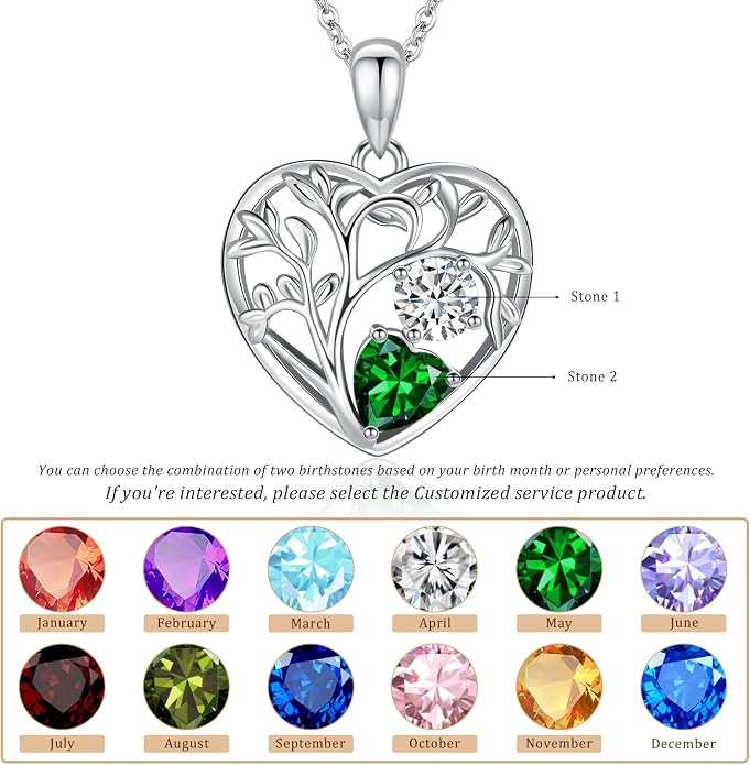 Tree of Life Birthstone Necklace Birthday Gifts 925 Sterling Silver Heart Pendant Birthstone Necklaces for Women Personalized 2 Gemstone Anniversary Graduation Gifts for Her Wife Mom