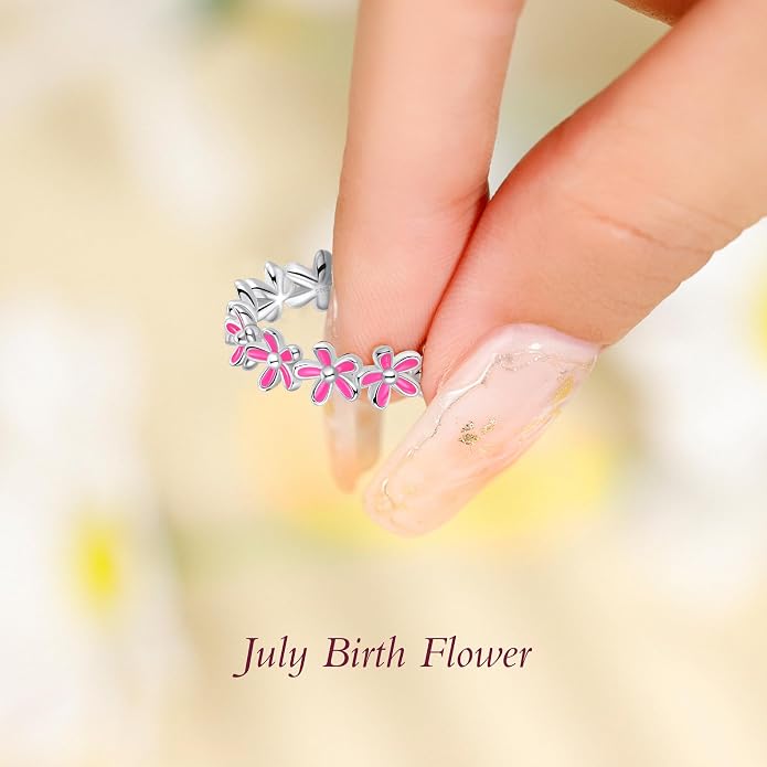 S925 Sterling Silver Dainty Daisy Flower Rings for Women, I Think Of You Every Daisy, 12 Month Birth Flower Ring