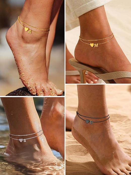 Initial Ankle Bracelets for Women, Dainty Stainless Steel Letter A-Z Layered Anklets, Heart Ankle Bracelet 8.5"-10.5" Adjustable, Summer Beach Jewelry, Come with Box