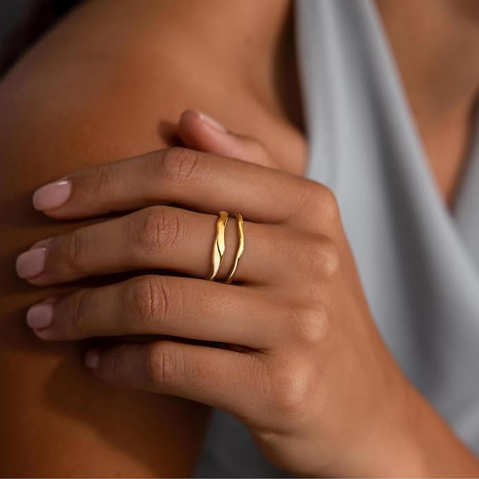 Gold Rings for Women Men Non Tarnish, Waterproof Chunky 14K Gold Plated Dainty Stackable Rings Trendy Statement Pinky Thumb Rings Engagement Eternity Wedding Band Ring Stacking Gold Jewelry Size 3 4 5 6 7 8 9 10 11