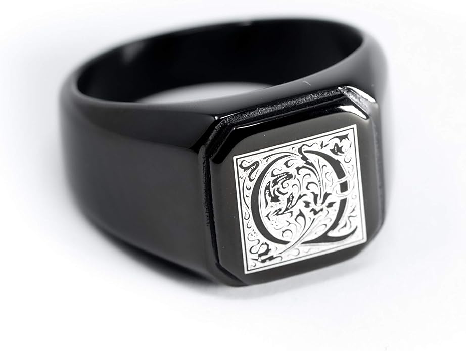 Jewelry | Stainless Steel Letter Alphabet Initial Ring | Square Flat Top Ring for Men & Women | Stainless Steel Jewelry, (Black, Gold, Silver), Size 7-16