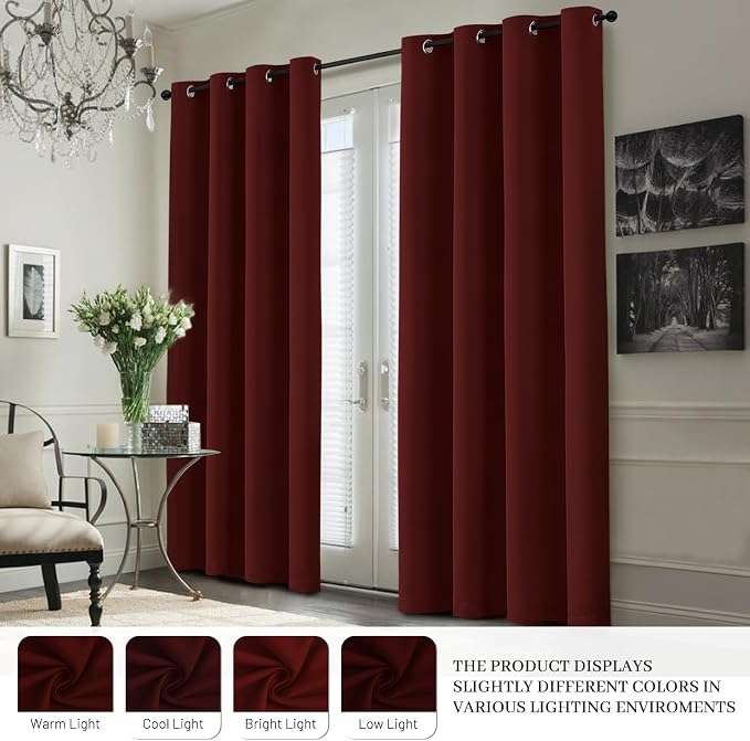 Yakamok Burgundy Red Blackout Curtains 63 Inches Long for Bedroom 50" Wide | Blackout Curtain Panels for Bedroom, 2 Thick Layers Grommet Top Thermal Insulated Drapes with White Back for Living Room
