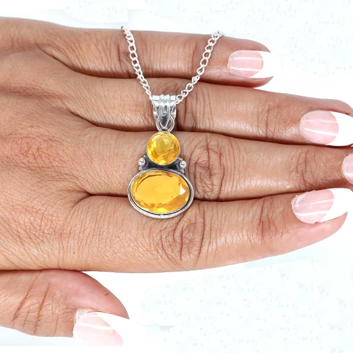 Handmade Genuine 925 Sterling Silver Pendant Necklace Natural Gemstone Crystal, Lapis, Onyx, Amber Oval Round Boho Jewelry For Women