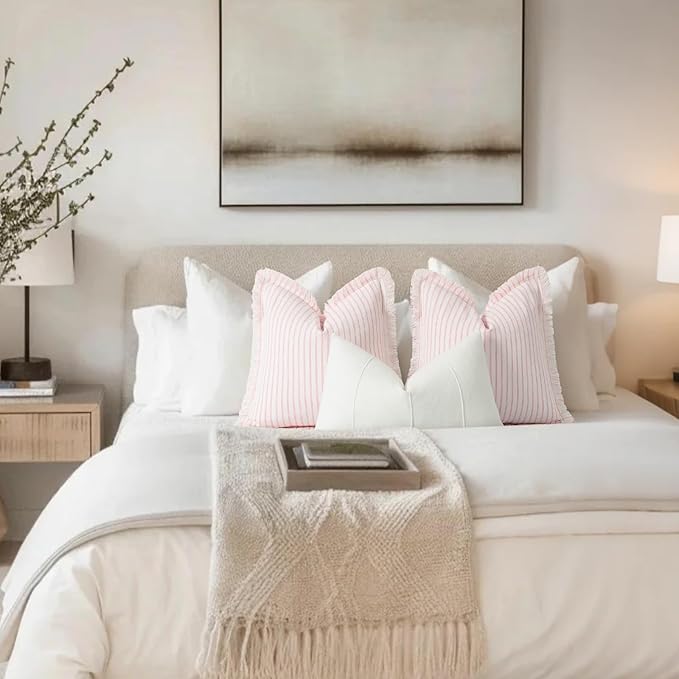 ZWJD Throw Pillow Covers 26x26 Set of 2 Striped Pillow Covers with Fringe Chic Cotton Decorative Pillows Square Cushion Covers for Sofa Couch Bed Living Room Farmhouse Decor, (Pink)