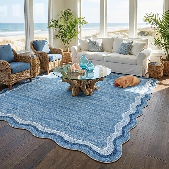 Garvee Scalloped 5x7 Rugs Washable Area Rugs for Living Room,Modern Stain Resistant Solid Rug for Bedroom Kids Room, Scalloped Low Pile Non-Slip Neutral Rug for Dining Room Home Office Dorm,Blue | Rugs for Living Room, Non-Slip Soft Carpet for Bedroom,...