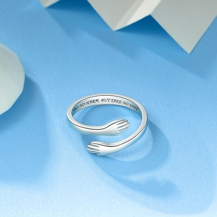 S925 Sterling Silver Hug Rings for Women Teen Girls Adjustable Ring for Granddaughter Daughter Hope Promise Friendship Hand Ring Jewelry for Birthday Graduation Christmas Mothers Day Valentines Gifts