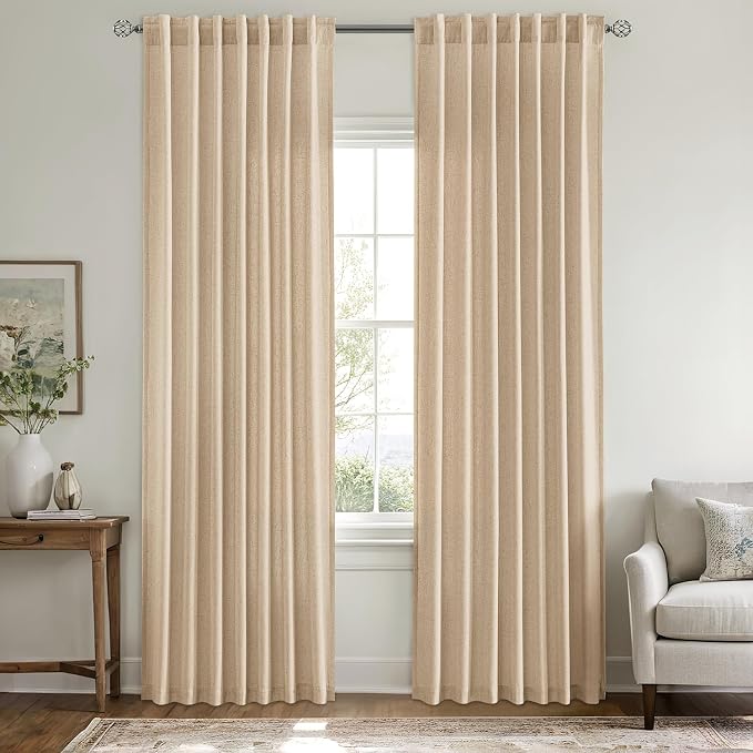 MIULEE Non-See-Through Privacy Linen Curtains 52W x 72L Inch Light Brown | 2 Panels, Light Filtering, Semi Sheer Window Curtains, Farmhouse Textured, Back Tab Drapes for Bedroom Living Room