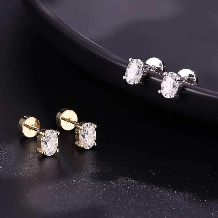 GEMQUEEN Moissanite Earrings Studs Flat Back Earrings Hypoallergenic - 14K Gold Plated Sterling Silver Earring for Women Men Small Dainty Cartilage Helix Piercing Jewelry D Color VVS1