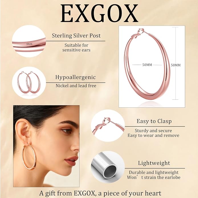 EXGOX Sterling Silver Hoop Earrings - Hypoallergenic, Lightweight, Chunky, 14K Real Gold Plated, Big Large Hoops for Women
