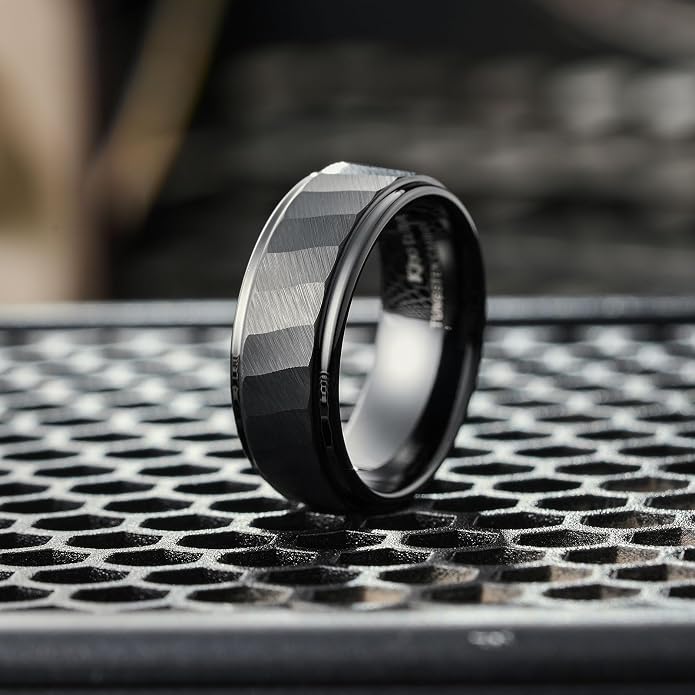 King Will Classic Tungsten Carbide Ring Brushed Two Grooved Center Hammered Design Mens Wedding Band for Men