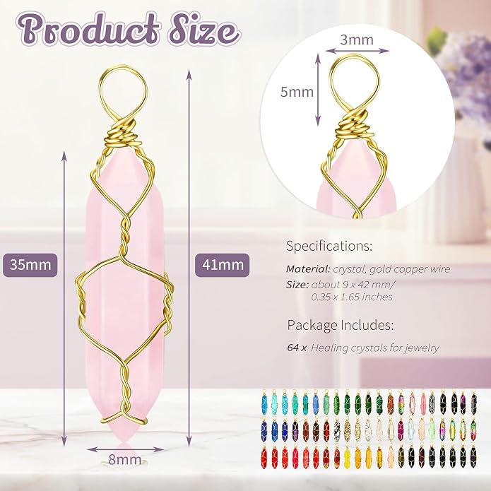 Kigeli 64 Pcs Healing Crystal Pendant Hexagonal Natural Crystal Pendant Gemstone Pointed Quartz Stone Pendants Bulk for Women Necklaces Jewelry Making DIY Craft Friends Gift