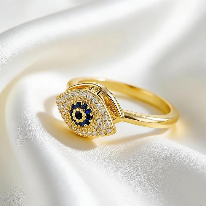 14K Gold Plated Evil Eye Rings for Women Open Adjustable Fidget Rings Anti Anxiety Spinner Evil Eye Ring