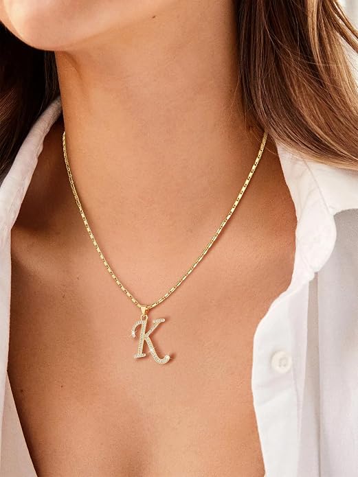 U7 Initial Necklace for Women, Gold/Platinum Plated CZ Crystal Letter A-Z Pendant Necklace, Shiny 20 Inch Name Chain Dainty Personalized Jewelry for Men Mom Wife Friend