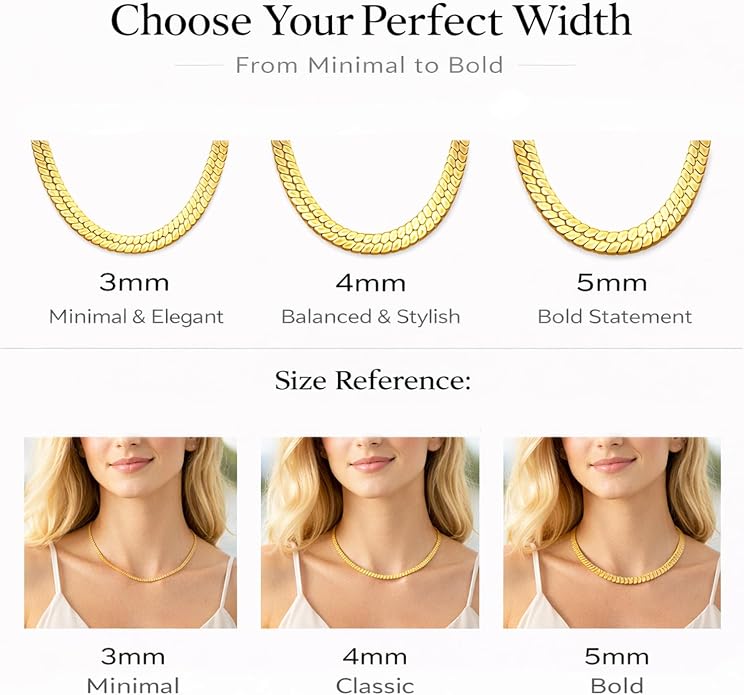 Gold Herringbone Necklace For Women - Rope Chork,Flat Snake Chain Necklaces in 18K Gold & White Gold Plated Tone - Simple Daily Jewelry-Tarnish Free-16-18in