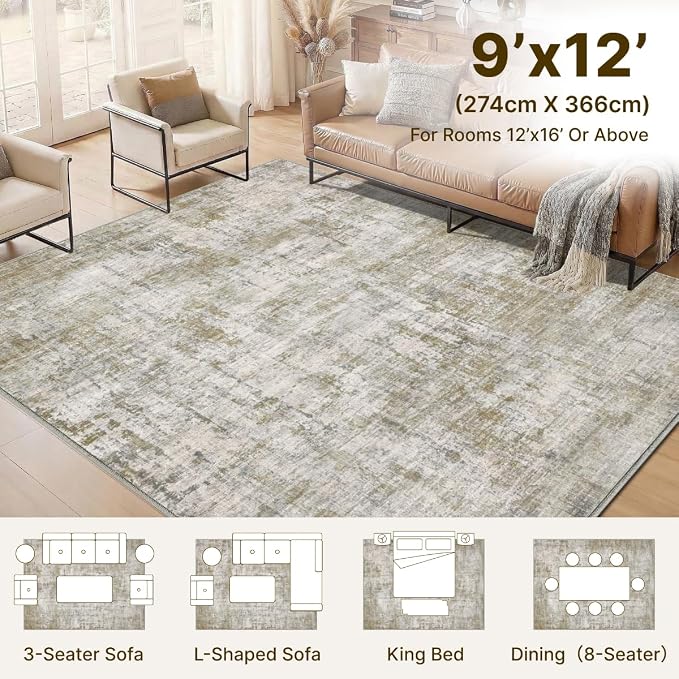 9x12 Area Rugs Washable Living Room Rug-No Slip Soft Carpets Modern Abstract Indoor Floor Stain Resistant Large Carpet for Bedroom Dining Room Farmhouse Nursery Home Office Tan