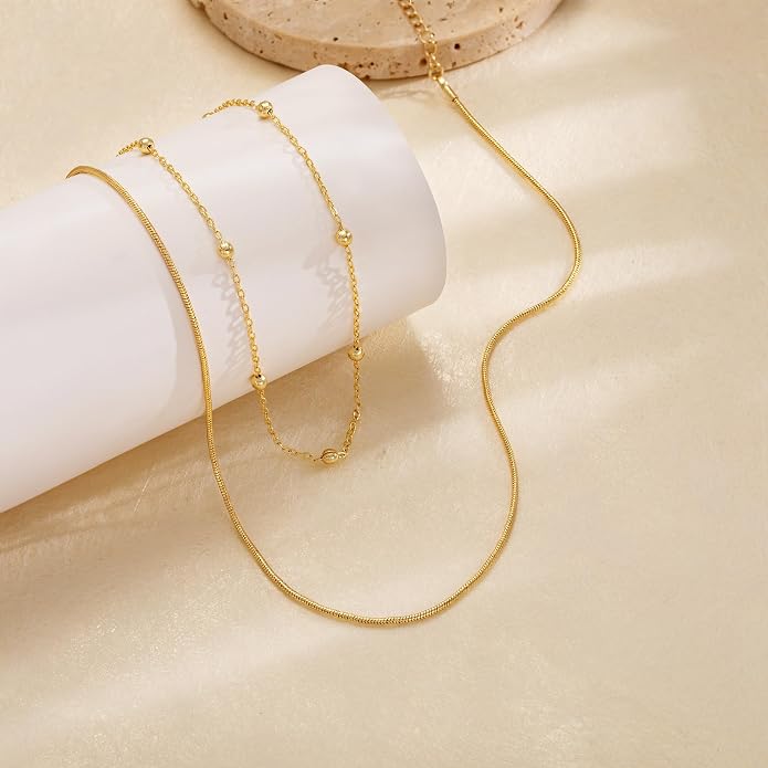 Tewiky Layered Necklaces for Women Non Tarnish- Chunky 14k Gold Plated Herringbone/Snake/Rope/Box/Cuban Link Chain for Women Waterproof Layering Stack Choker Necklace Trendy Dainty Tarnish Free Jewelry Set