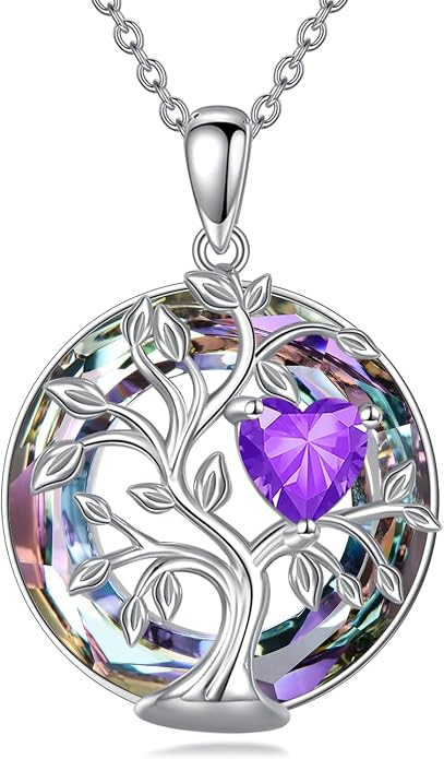 Tree Of Life Birthstone Necklace 925 Sterling Silver Crystal Family Tree Pendant Necklaces Heart Birthstone Jewelry For Women Female Anniversary Birthday Gifts