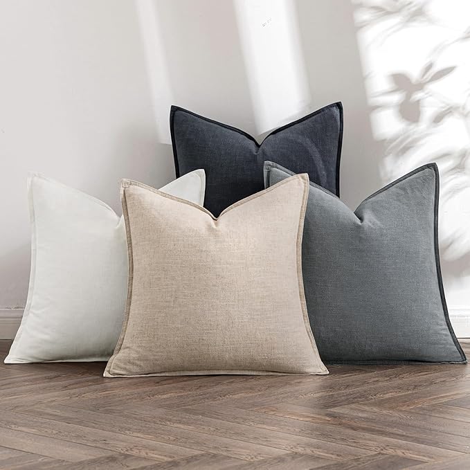 MIULEE Neutral Cream/Gray Boho Linen Pillow Covers 18x18 Inch Pack of 4 | Natural Decorative Throw Pillow Covers Soft Farmhouse Couch Pillowcases Modern Home Decors for Living Room Bed Sofa