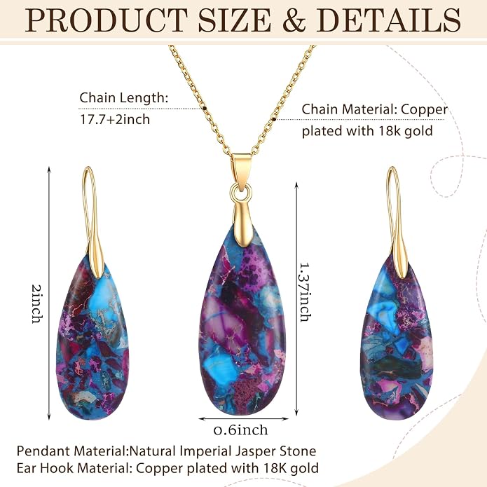 Kingdder Natural Stone Jewelry Set for Women Imperial Healing Stone Necklace Colorful Teardrop Dangle Earings Boho Jewelry