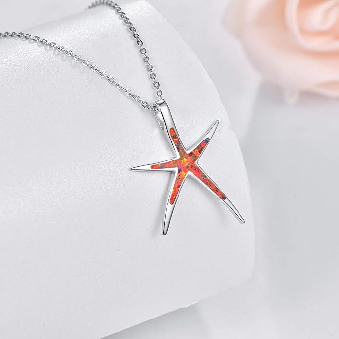 Cuoka Starfish Necklace, 925 Sterling Silver with Opal, Hawaiian Beach Nautical Ocean Pendant, Starfish Jewelry Opal Jewelry Valentine for Women Girlfriend