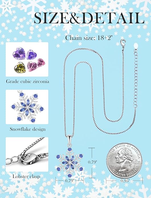 PYNYZ Snowflake Necklace 925 Sterling Silver Snoefalke Birthstone Pendant Christmas Jewelry for Women