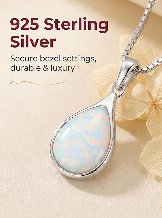 Teardrop Opal Necklace for Women - 925 Sterling Silver October Birthstone Pendant Necklace, Dainty Pear Shape Gemstone Jewelry Gif for Her, Adjustable Box Chain