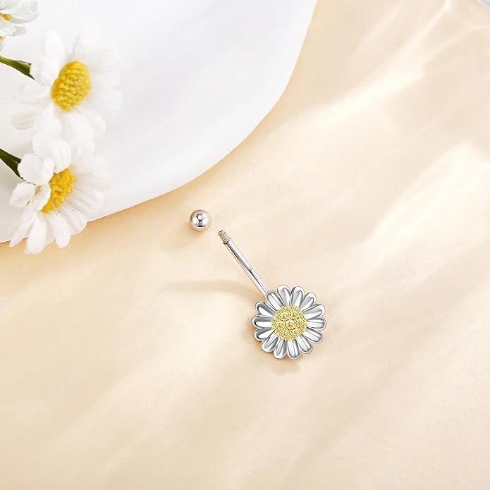 Sunflower Daisy Belly Button Ring Dangle Hoop 925 Sterling Silver Hypoallergenic Belly Button Piercing Body Navel Rings Sexy Belly Button Jewelry Gifts for Women (14G)