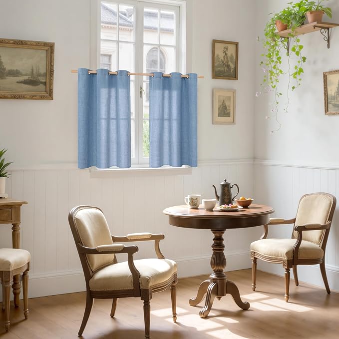 YoungsTex Light Blue Linen Curtains 40 Inches Long, Short Drapes with Bronze Grommet Privacy Light Filtering for Bathroom Kitchen Windows, 42 x 40 Inch, 2 Panels
