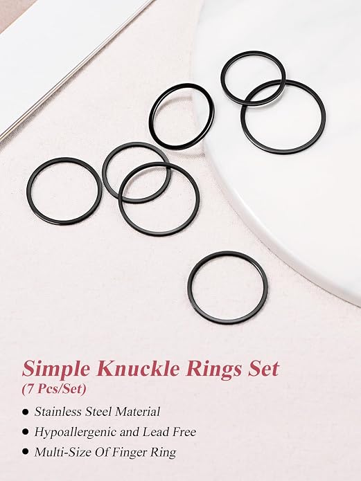 FOCALOOK 28 PCS Knuckle Ring Set 1MM Stainless Steel Women's Thin Plain Band Stacking Midi Finger Rings Set Comfort Fit Silver/Black/Gold/Rose Tone Size 4-10