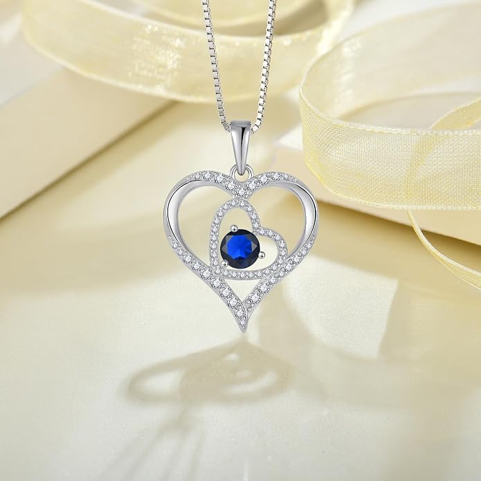 Love Heart Necklace for Women 925 Sterling Silver Birthstone Pendant Necklace Dainty Jewelry for Women Wife Mother Christmas Birthday Mother's Day Gift