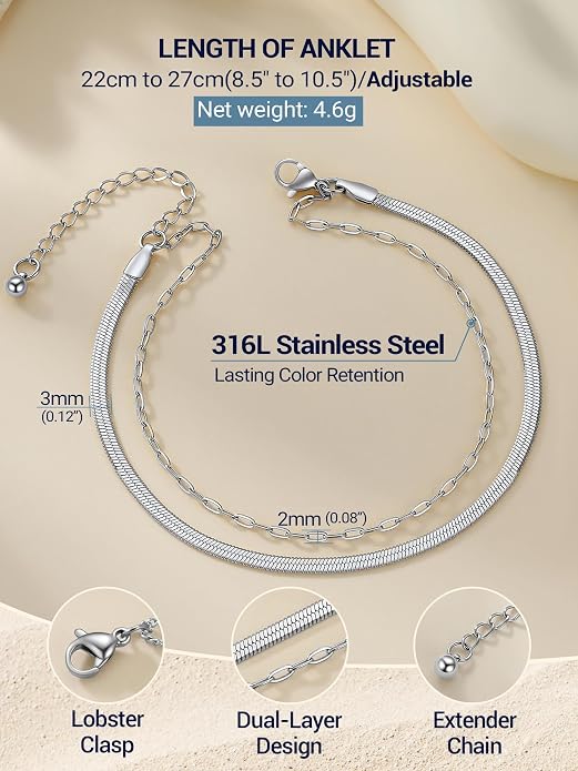 PROSTEEL Ankle Bracelets for Women Waterproof, Layered Stainless Steel Summer Beach anklets, Silver/Gold 8-10.5 Inch Adjustable, Come with Box