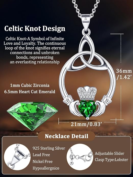 Gift Birthstone Necklaces for Women 925 Sterling Silver Irish Claddagh Necklace for Women Heart Birthstone Pendant Necklace Anniversary Birthday Gifts for Wife Lady Cable Chain 18"+2"