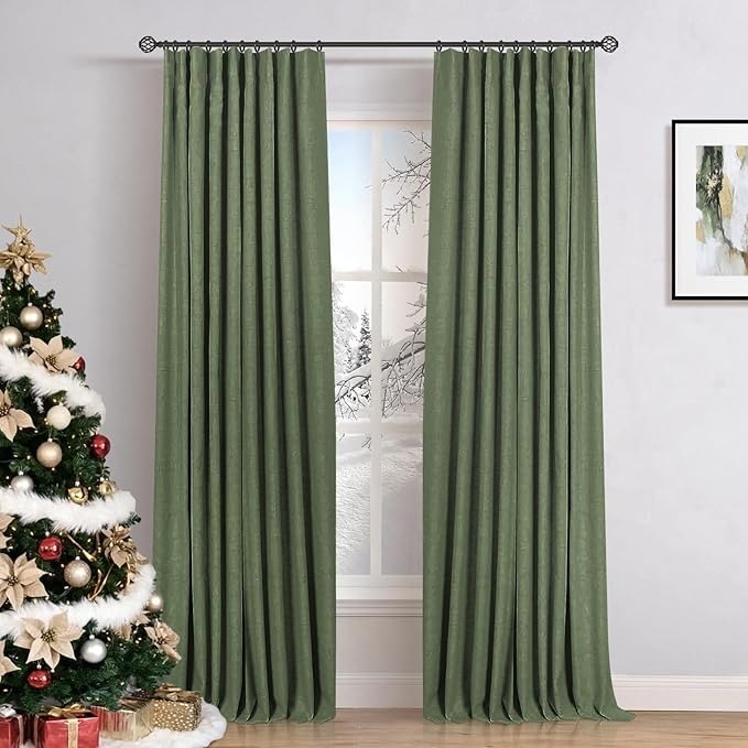 INOVADAY 100% Blackout Curtains for Bedroom, Moss Green Black Out Curtains 80 Inch Long, Clip Rings Linen Blackout Drapes, Thermal Insulated Room Darkening for Living Room, 2 Panels - W50xL80