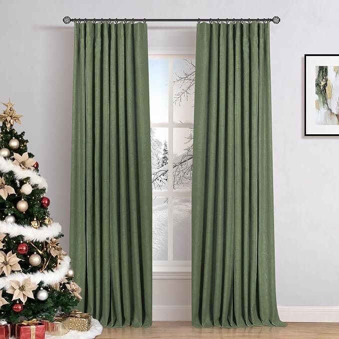 INOVADAY 100% Blackout Curtains for Bedroom, Moss Green Black Out Curtains 63 Inch Long, Clip Rings Linen Blackout Drapes, Thermal Insulated Room Darkening for Living Room, 2 Panels - W50xL63
